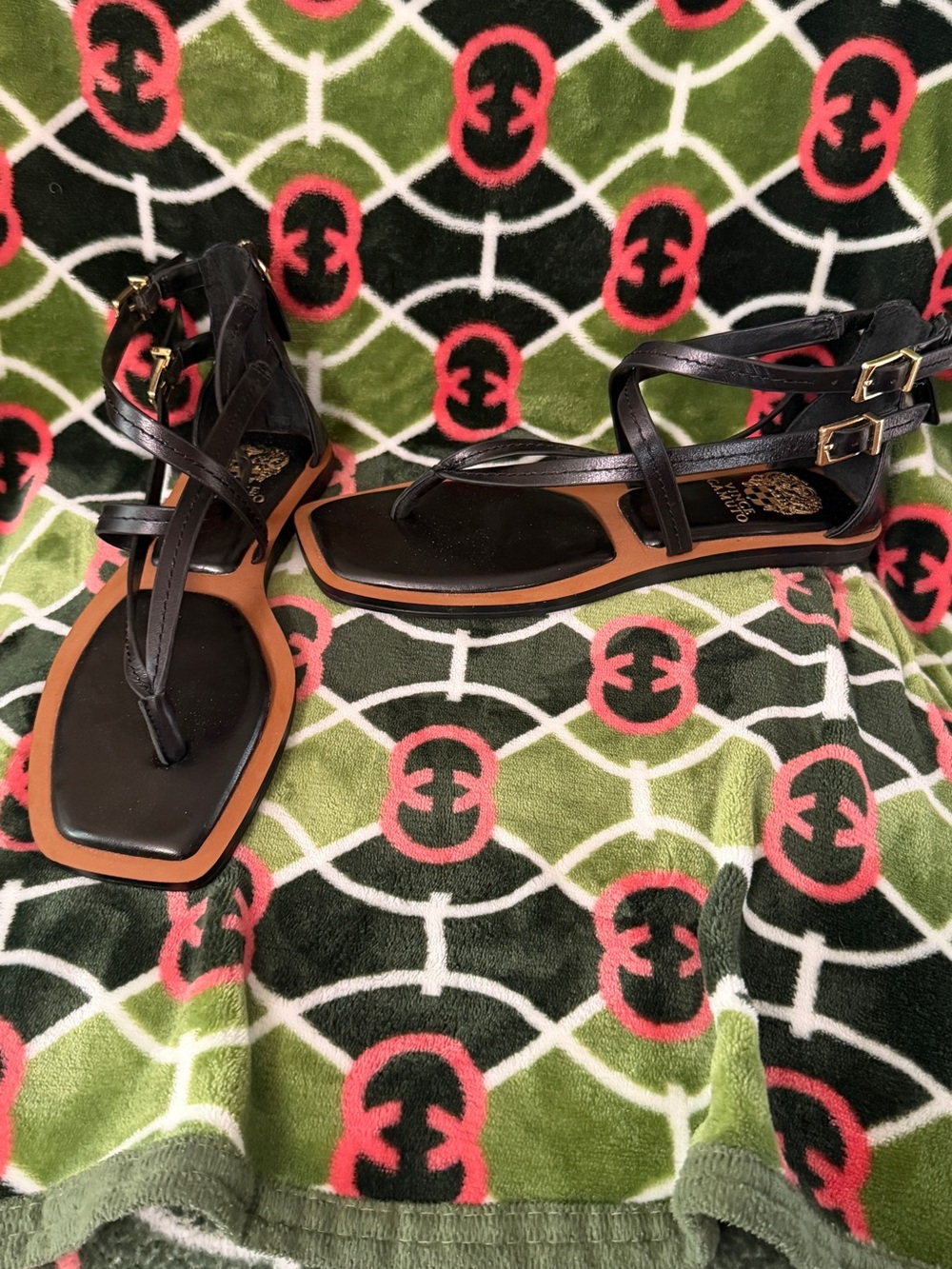 Vince Camuto Black Strappy Sandals with Tan Trim